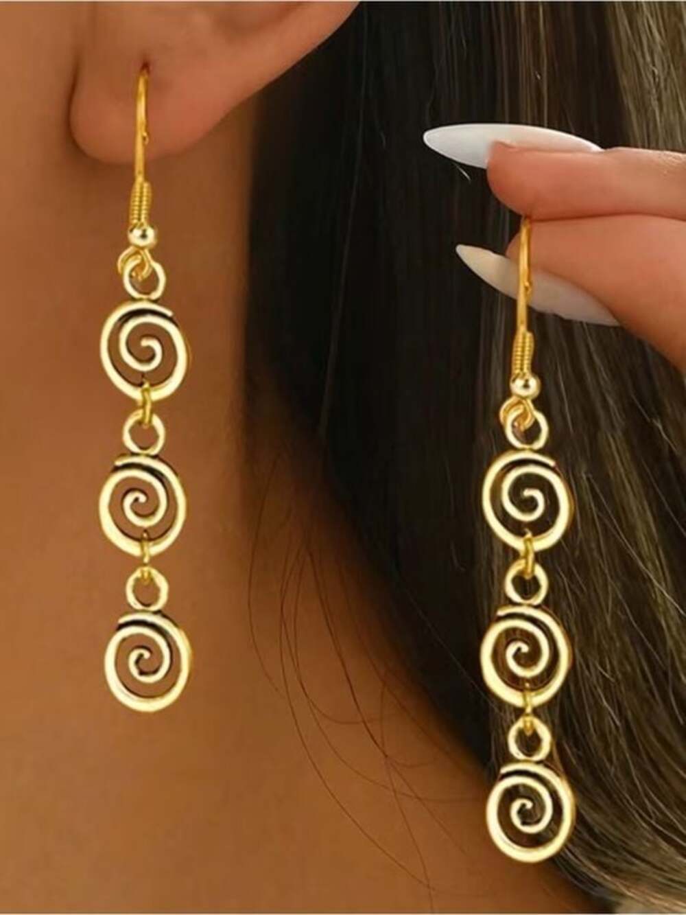 Gold Triple Spiral Long Drop Earrings